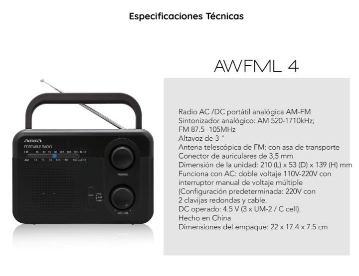 RADIO AM/FM PORTATIL (AWFML4) AIWA - 0104457 - Ferremundo del